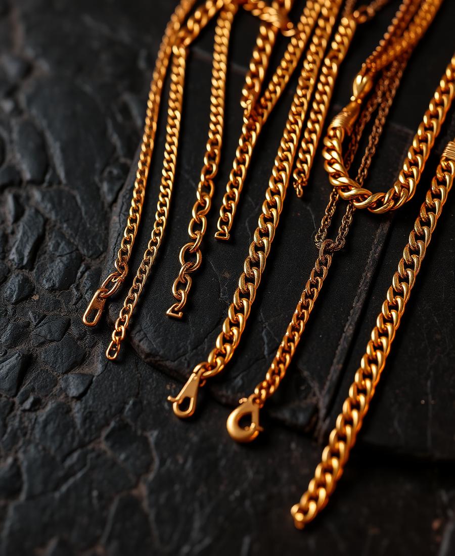 Assorted gold chains and bracelets on dark stone
