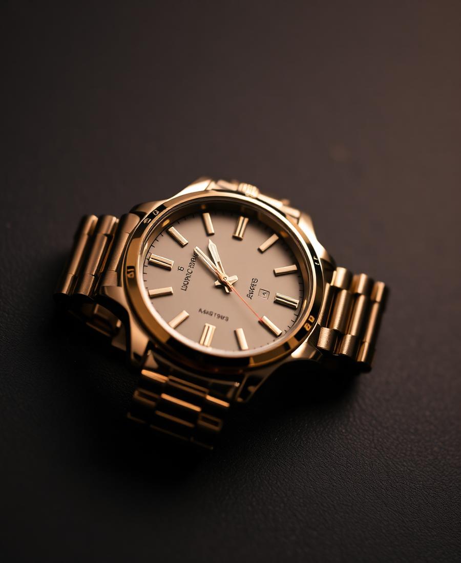 Gold-tone wristwatch on a dark surface