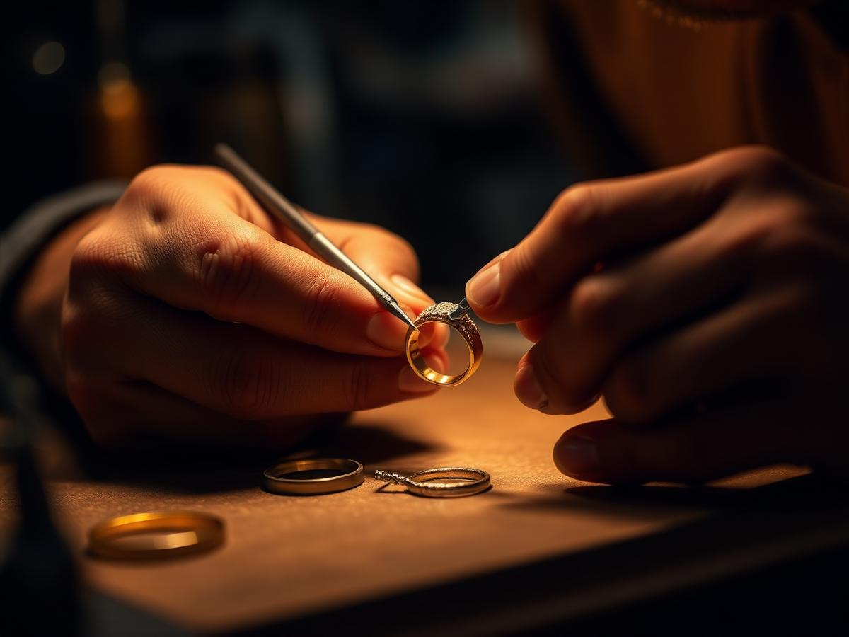 Jeweler repairing a gold ring at a workbench