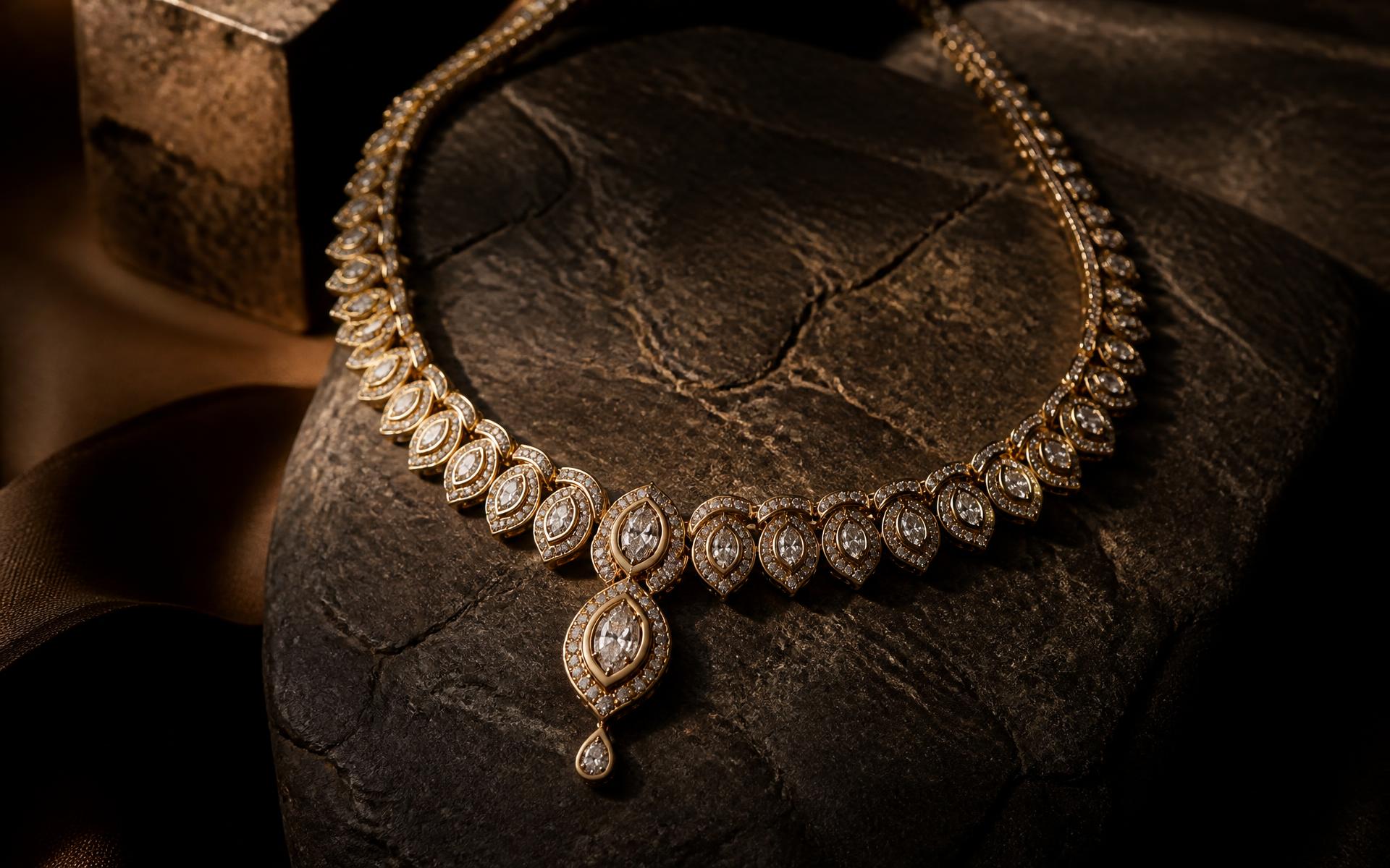 Diamond and gold necklace displayed on dark stone at Ovalle Jewelry