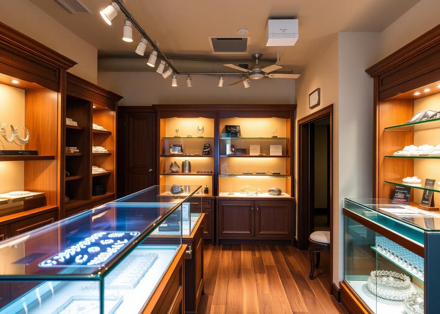 Warmly lit interior of Ovalle Jewelry with glass display cases
